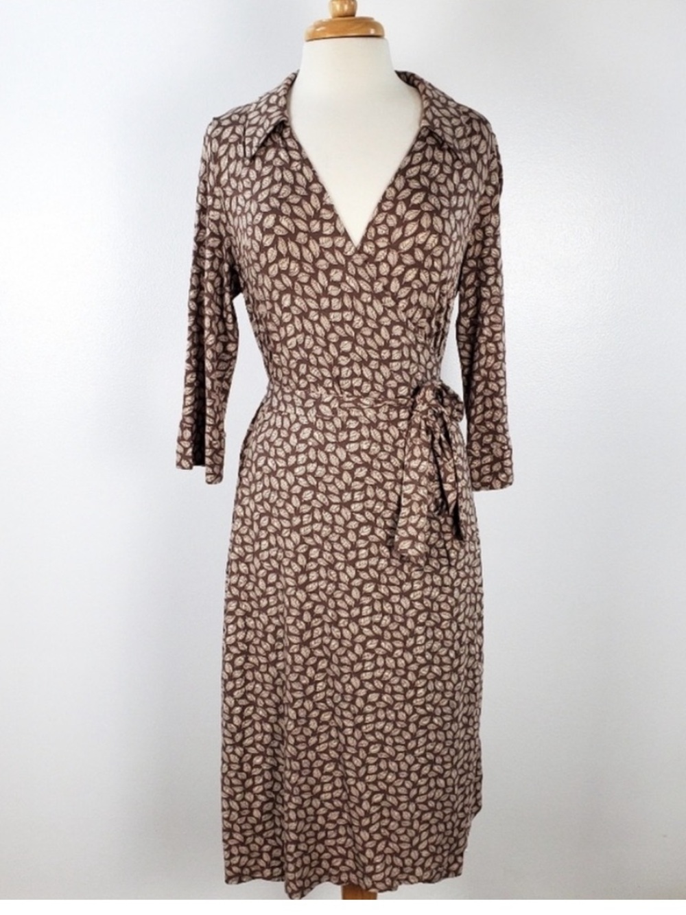 Boden Brown Leaf Print Wrap Midi Dress
